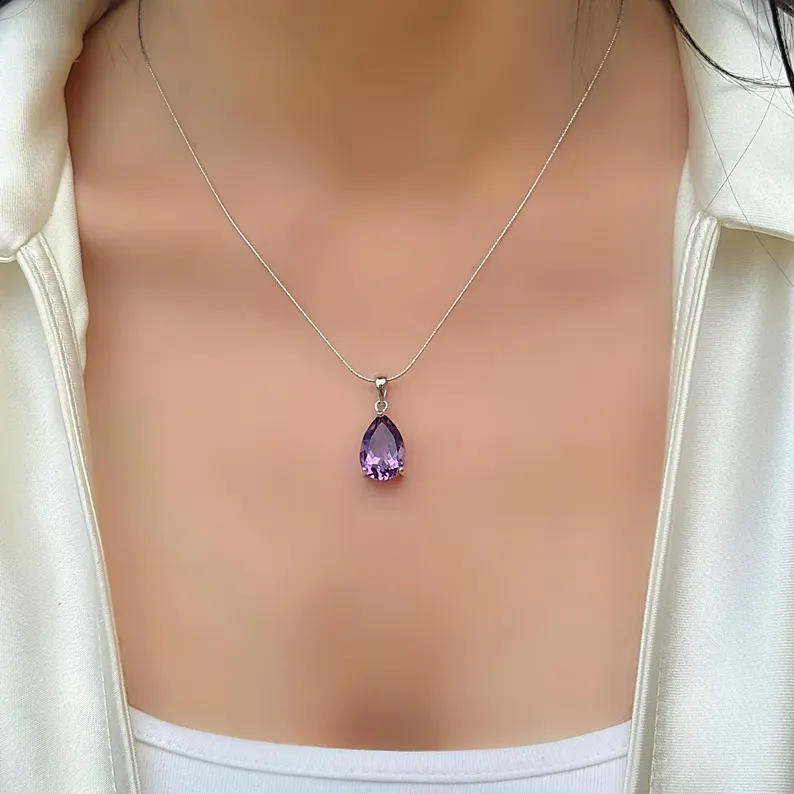 Genuine Amethyst Pear Solitaire Teardrop Silver Pendant